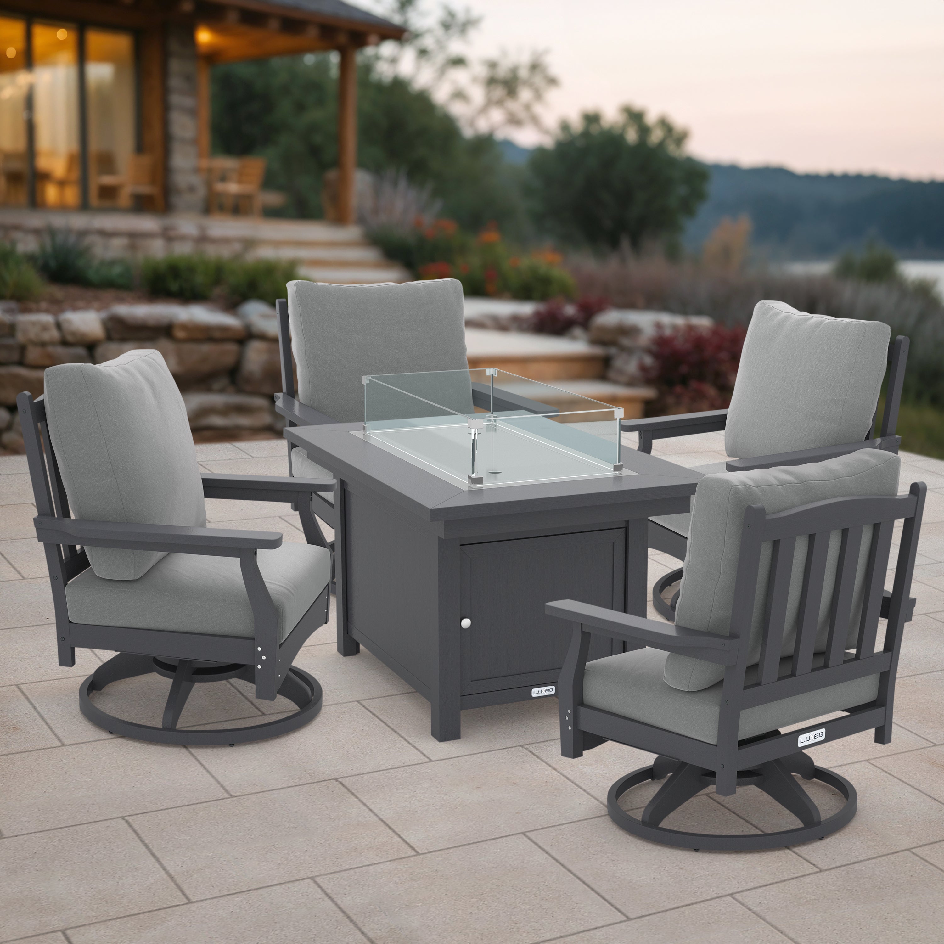 LuXeo Cortina 25"(H) x 45"(W) Rectangle Fire Pit Table with Four Aspen Rock-Swivel Chair, 5-Piece