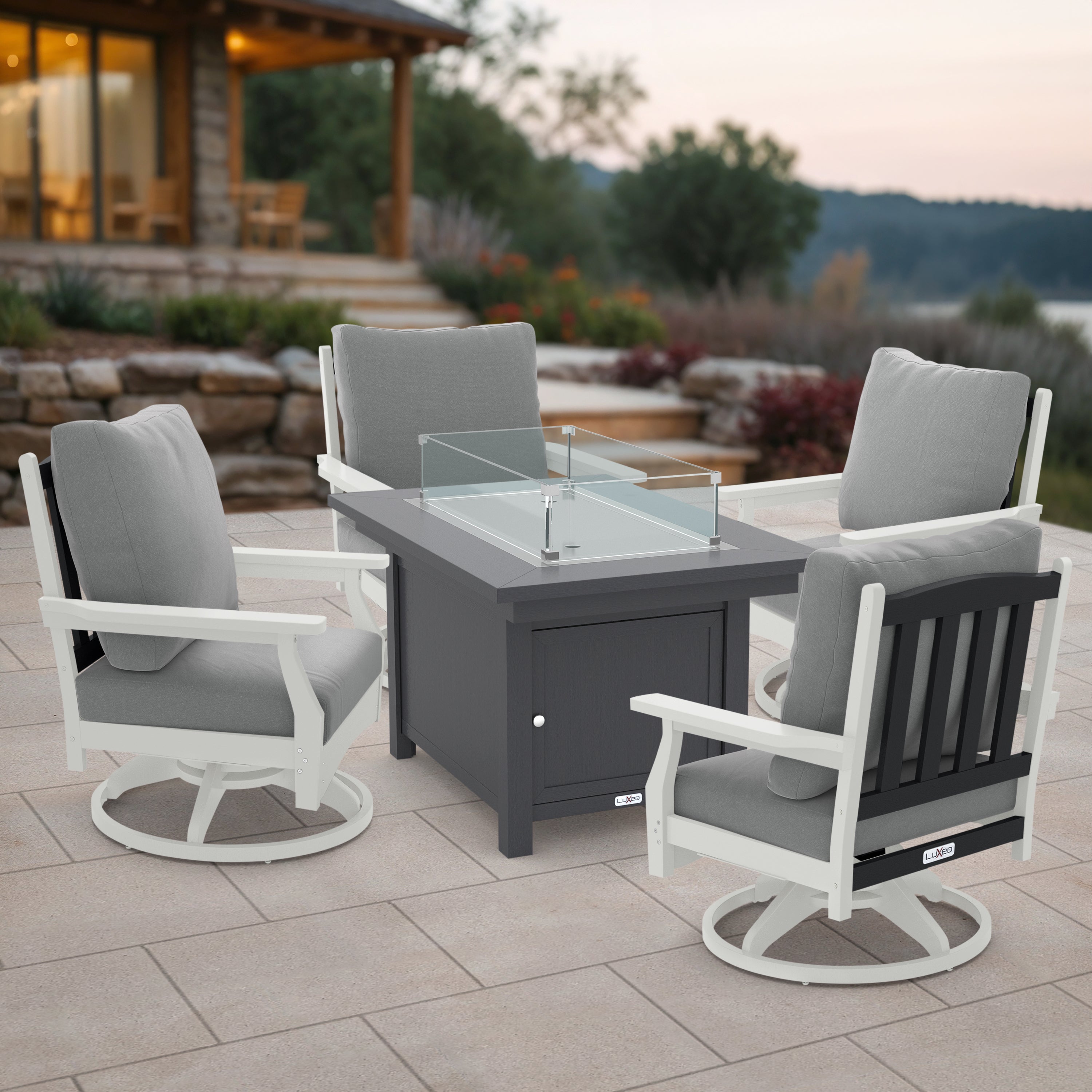 LuXeo Cortina 25"(H) x 45"(W) Rectangle Fire Pit Table with Four Two-Tone Aspen Rock-Swivel Chair,5-Piece