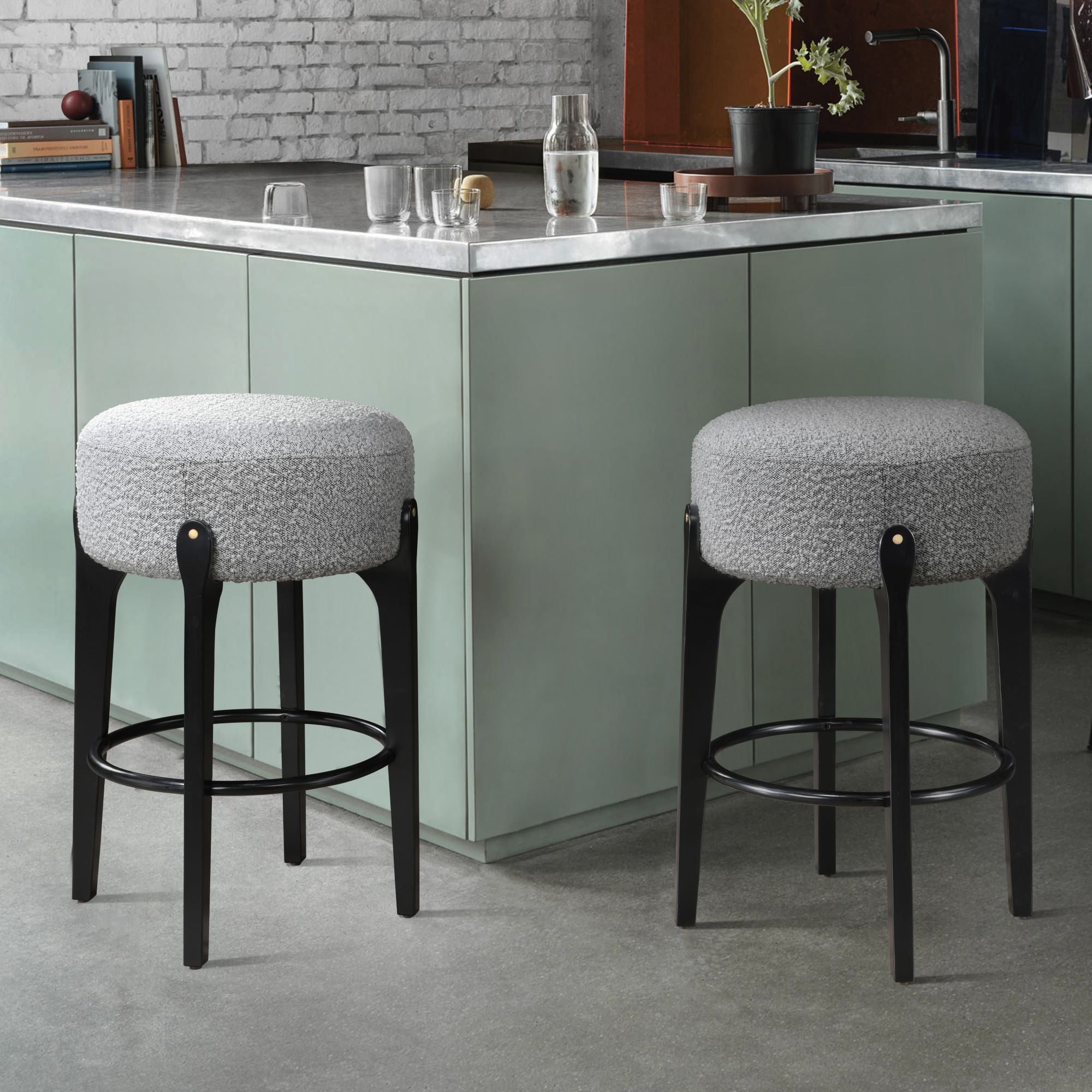 LuXeo Ellie 29 in. Backless Wood Bar stool with Boucle Fabric Seat (Set of 2)