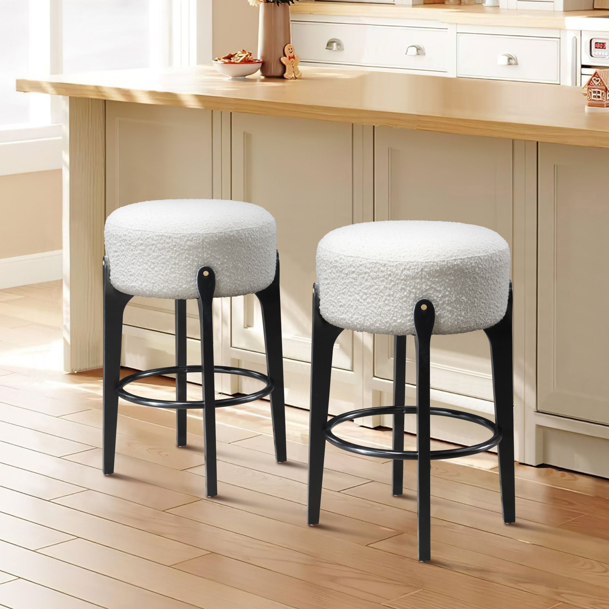 LuXeo Ellie 29 in. Backless Wood Bar stool with Boucle Fabric Seat (Set of 2)