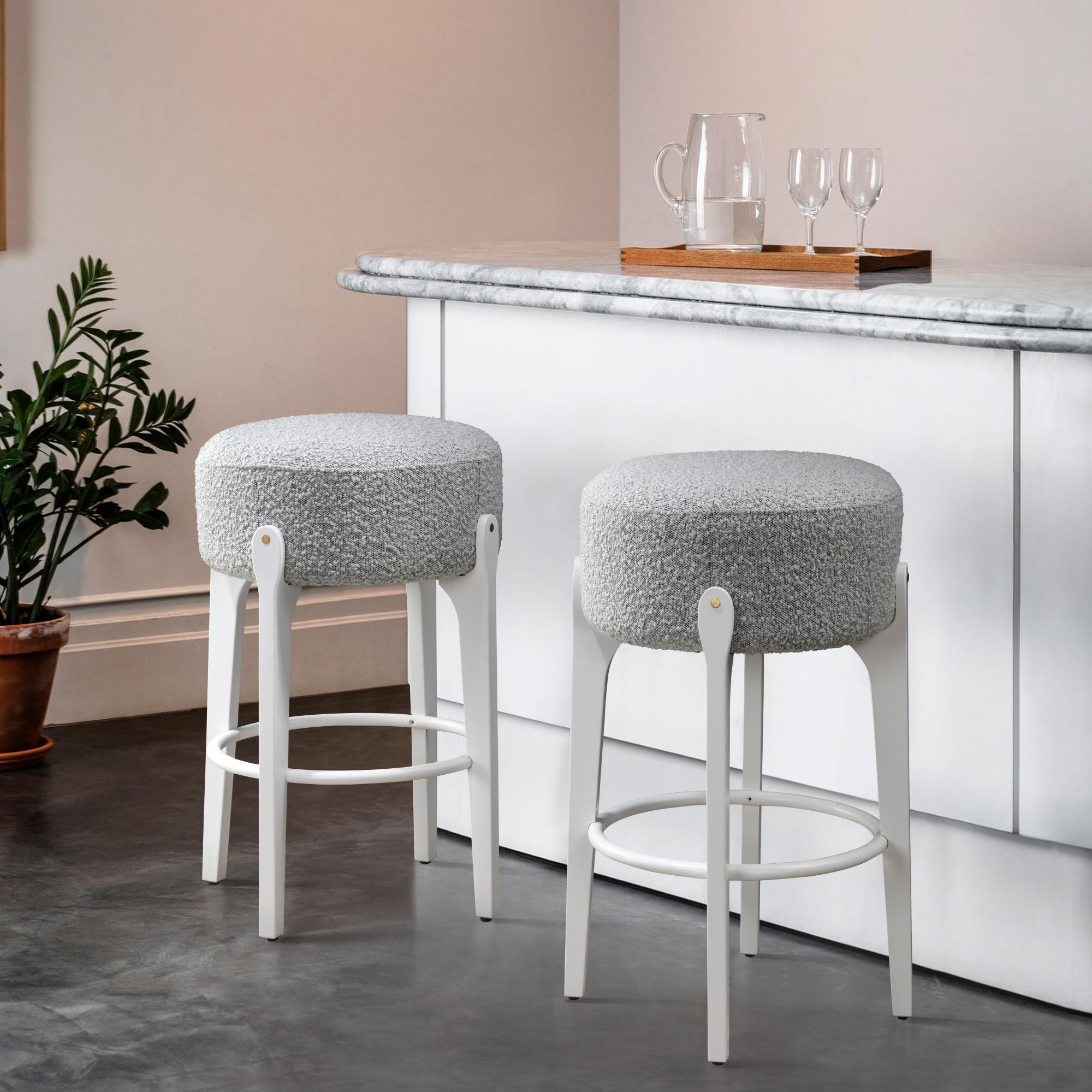 LuXeo Ellie 29 in. Backless Wood Bar stool with Boucle Fabric Seat (Set of 2)