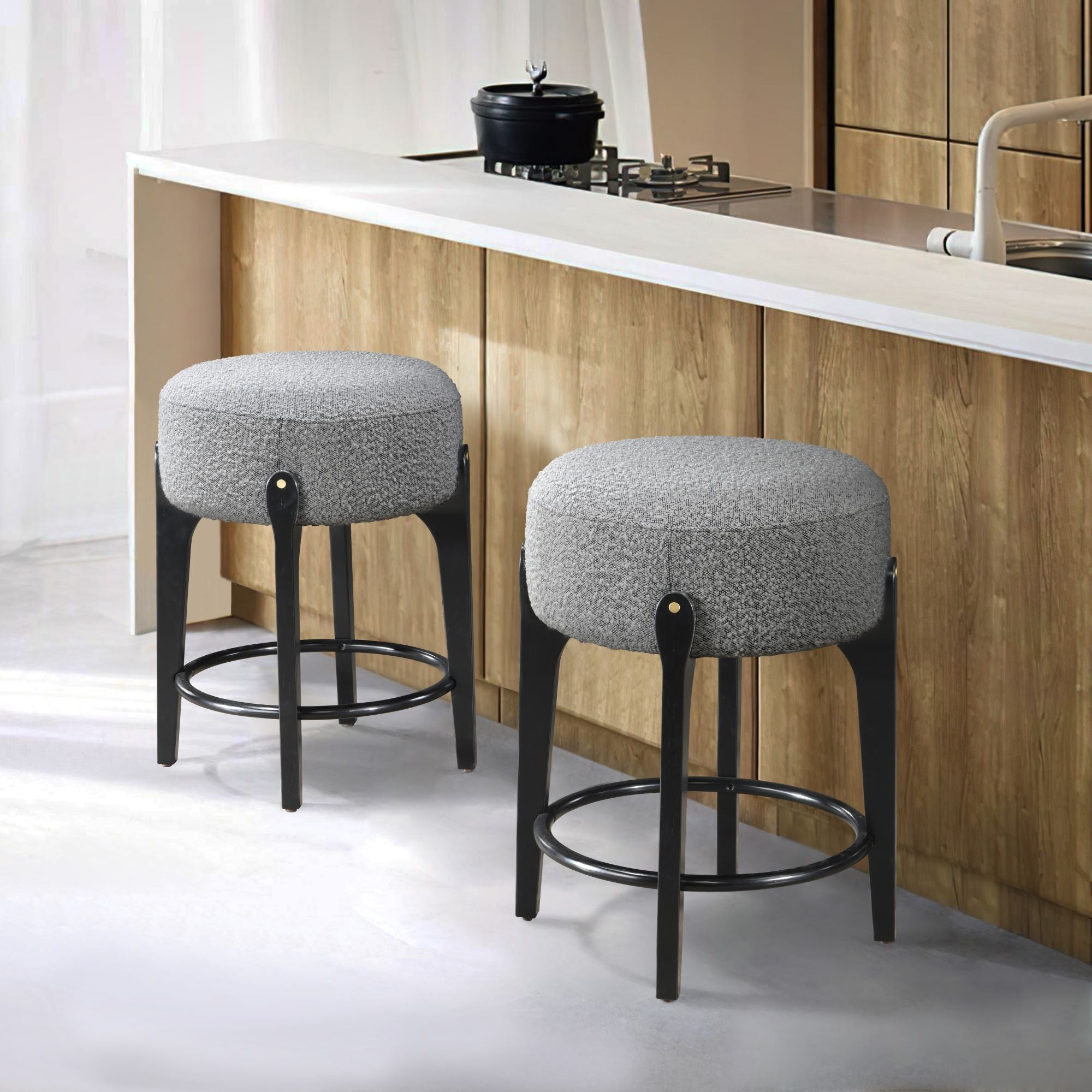 LuXeo Ellie 29 in. Backless Wood Bar stool with Boucle Fabric Seat (Set of 2)