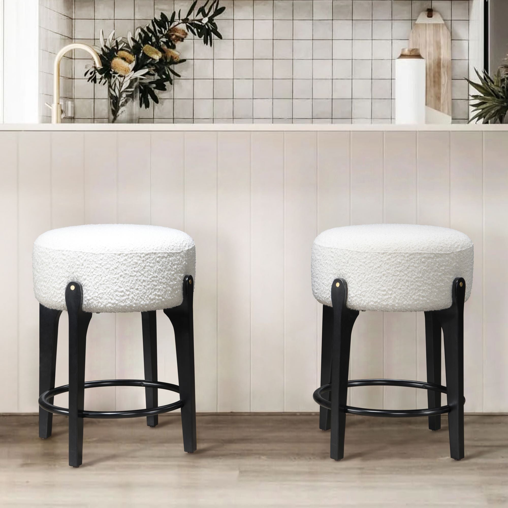 LuXeo Ellie 29 in. Backless Wood Bar stool with Boucle Fabric Seat (Set of 2)