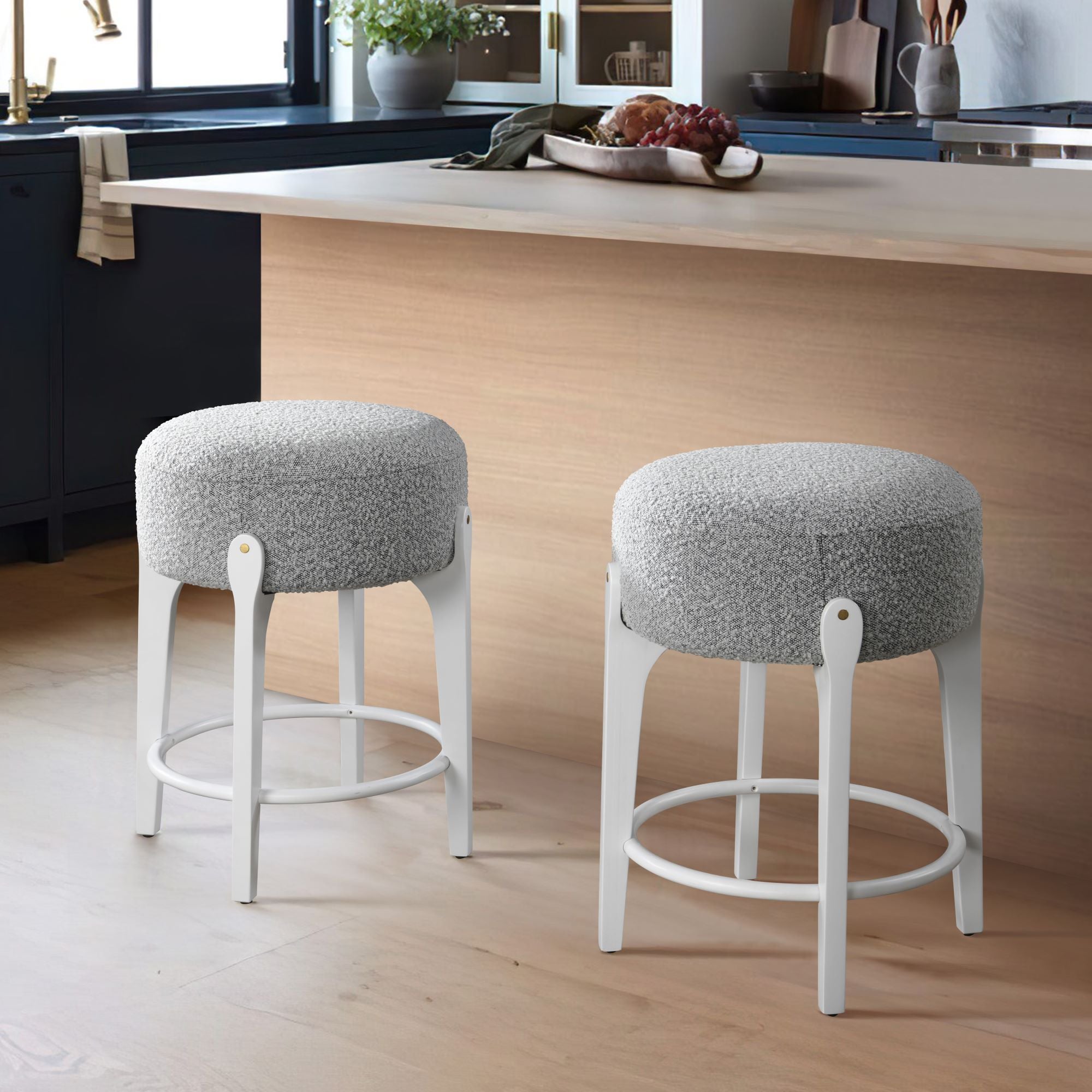 LuXeo Ellie 29 in. Backless Wood Bar stool with Boucle Fabric Seat (Set of 2)