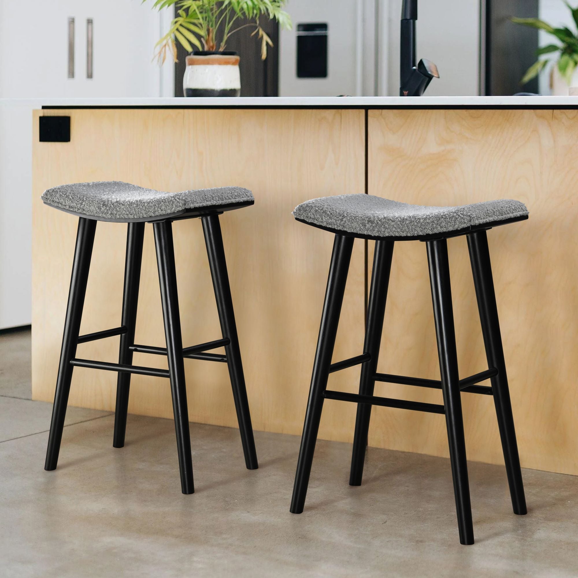 LuXeo Luna Backless Wood Saddle Bar Stools with Boucle Fabric Seat (Set of 2)