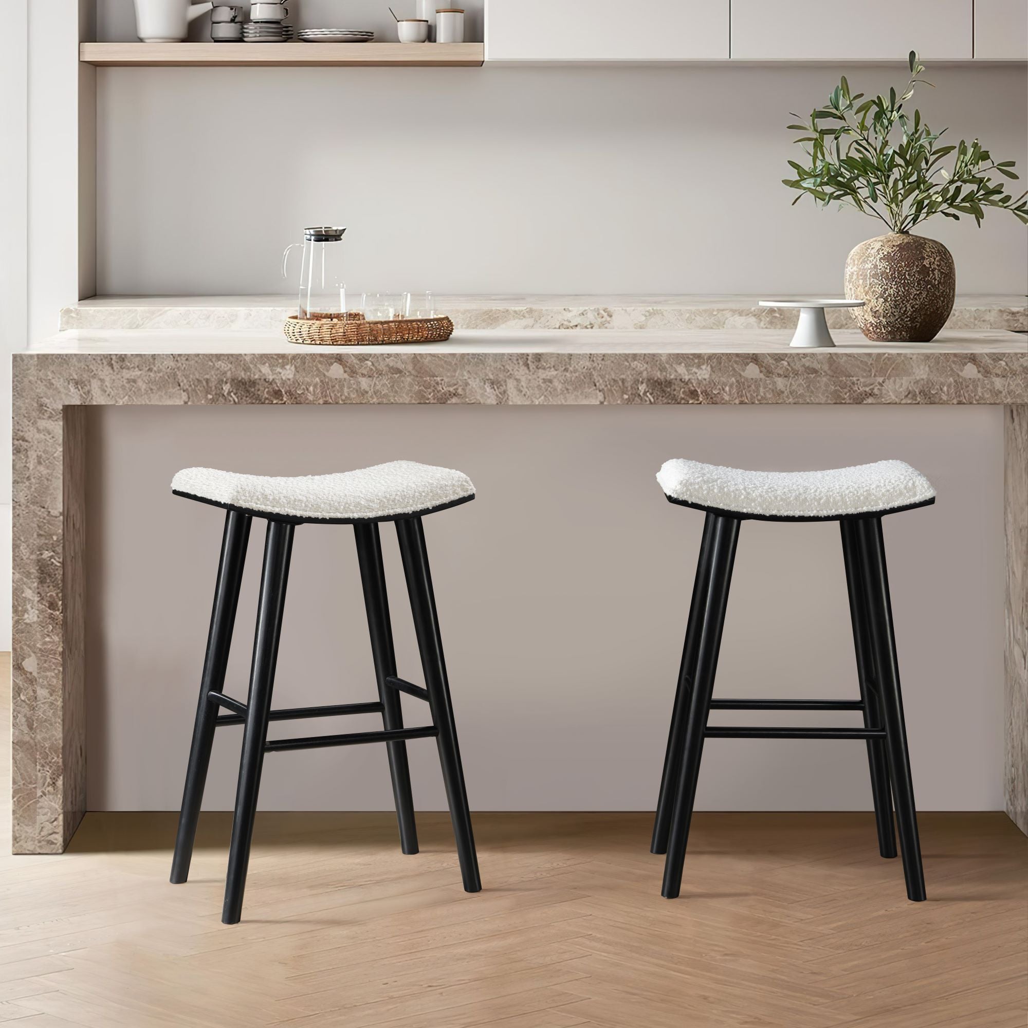 LuXeo Luna Backless Wood Saddle Bar Stools with Boucle Fabric Seat (Set of 2)