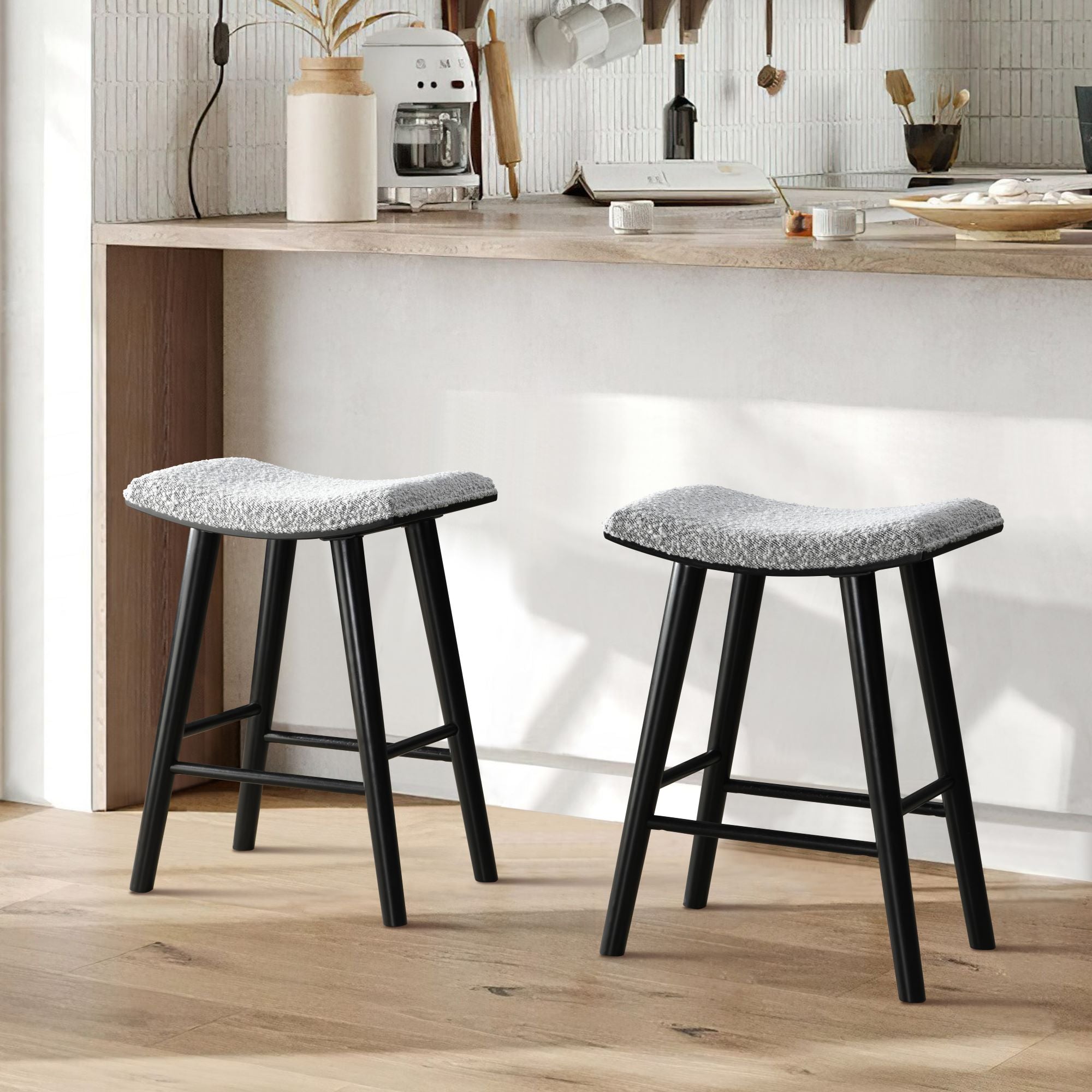 LuXeo Luna Backless Wood Saddle Bar Stools with Boucle Fabric Seat (Set of 2)