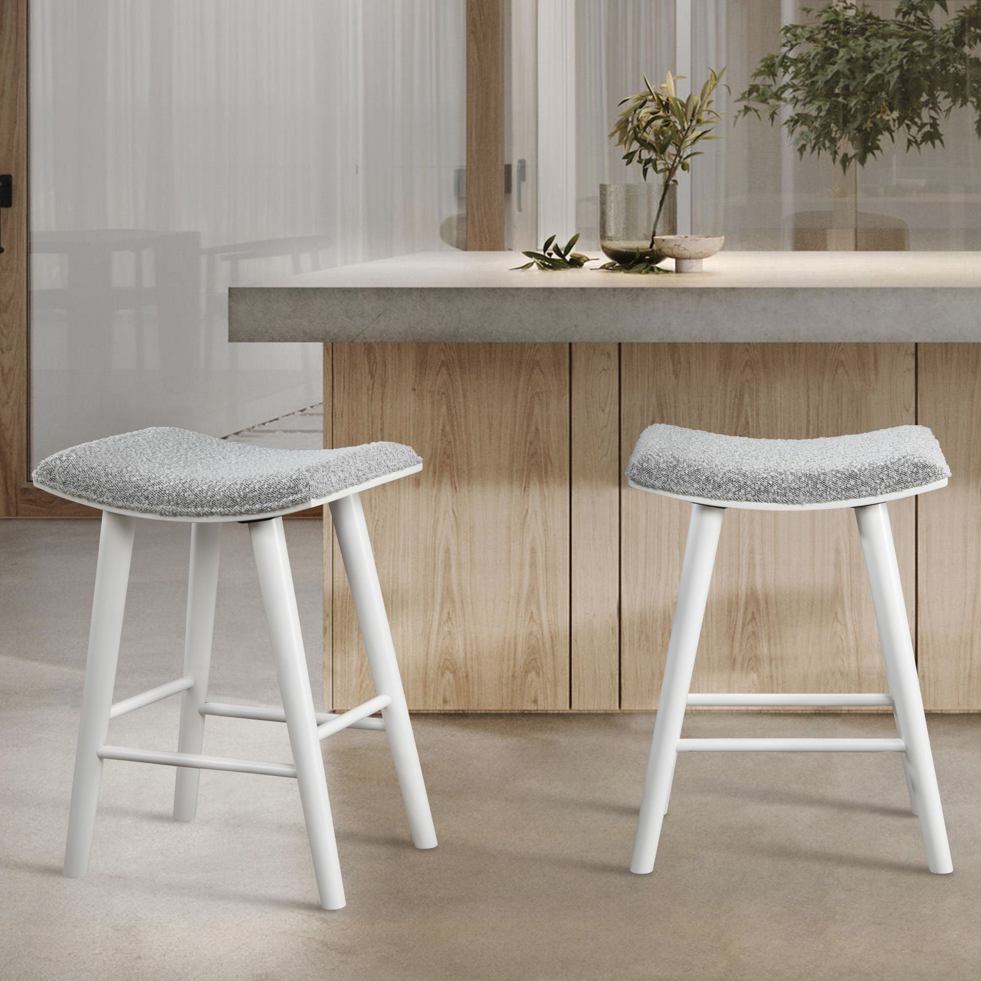 LuXeo Luna Backless Wood Saddle Bar Stools with Boucle Fabric Seat (Set of 2)