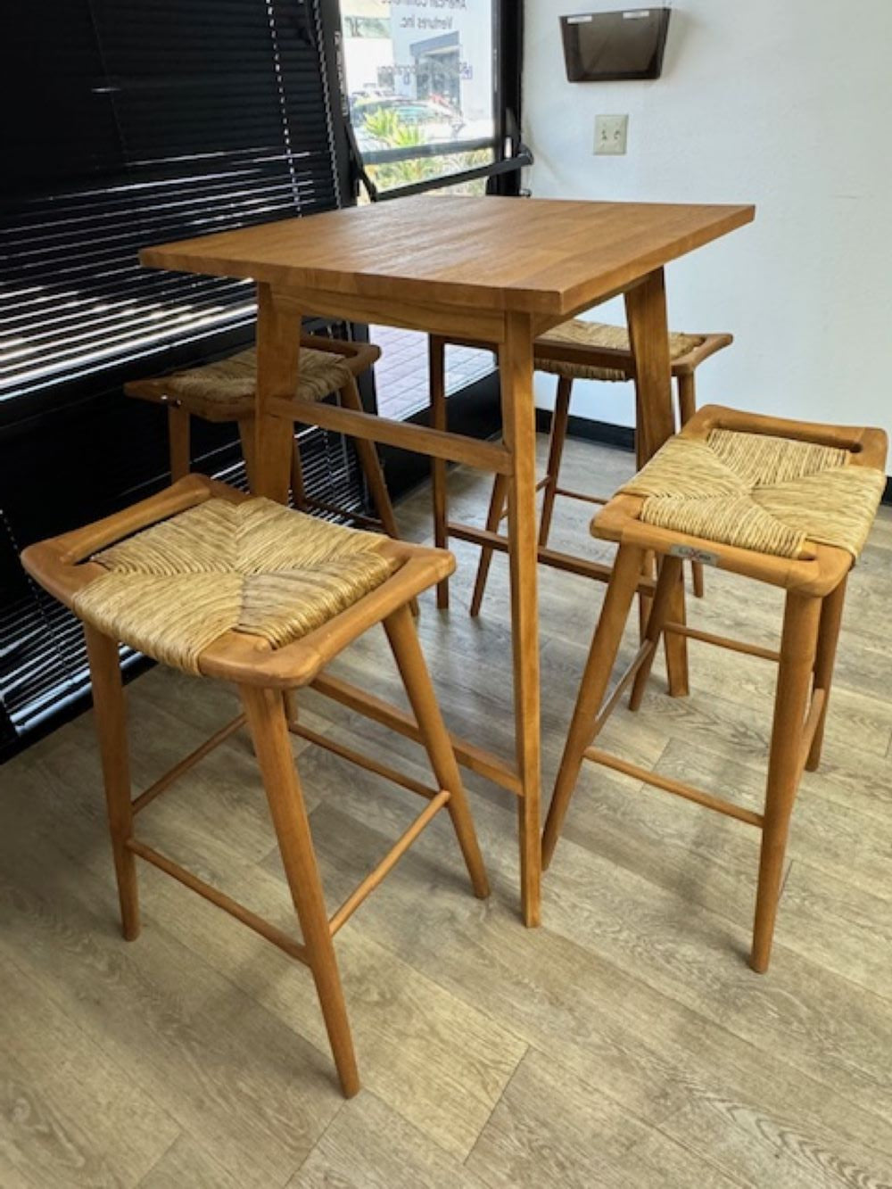 Teak 42"(H) Counter Table with Four Seagrass Farmhouse Saddle Bar Stools (5-Piece)