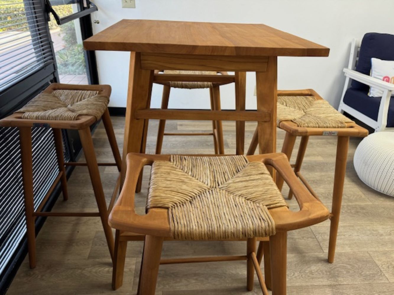 Teak 42"(H) Counter Table with Four Seagrass Farmhouse Saddle Bar Stools (5-Piece)