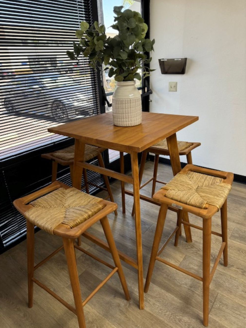 Teak 42"(H) Counter Table with Four Seagrass Farmhouse Saddle Bar Stools (5-Piece)