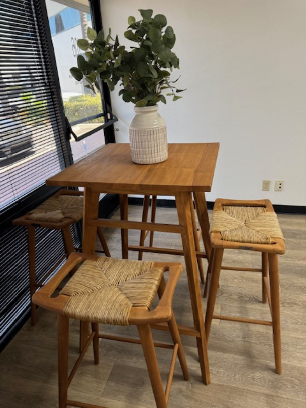 Teak 42"(H) Counter Table with Four Seagrass Farmhouse Saddle Bar Stools (5-Piece)